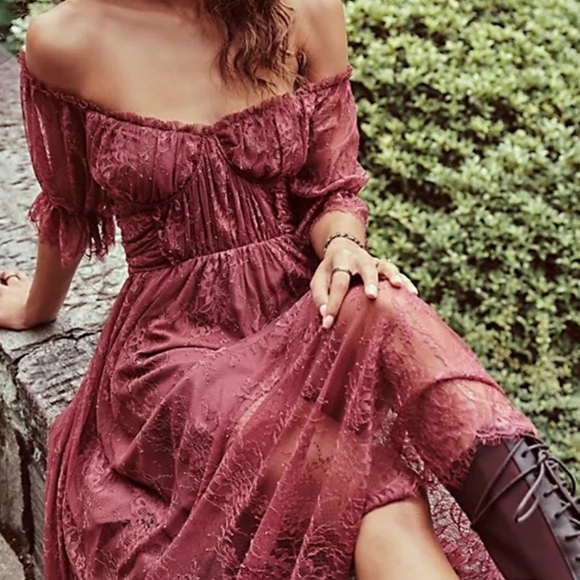 **Only size 2 left!!* Free People Dear Jane Embroidered Lace Dress in Roan Rouge - Picture 2 of 16